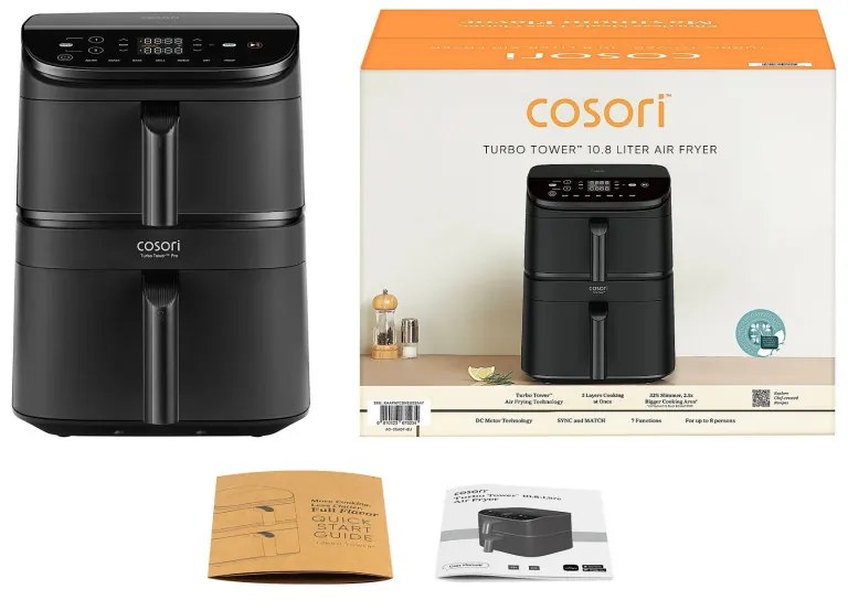 Cosori CAF-DC121-Ader Turbo Tower Διπλή φριτέζα ζεστού αέρα, 2630W, 4.3/6.5 L, 7 προγράμματα, 30-230C, έλεγχος αφής, χρονοδιακόπτης, κρύοι τοίχοι, μαύρο