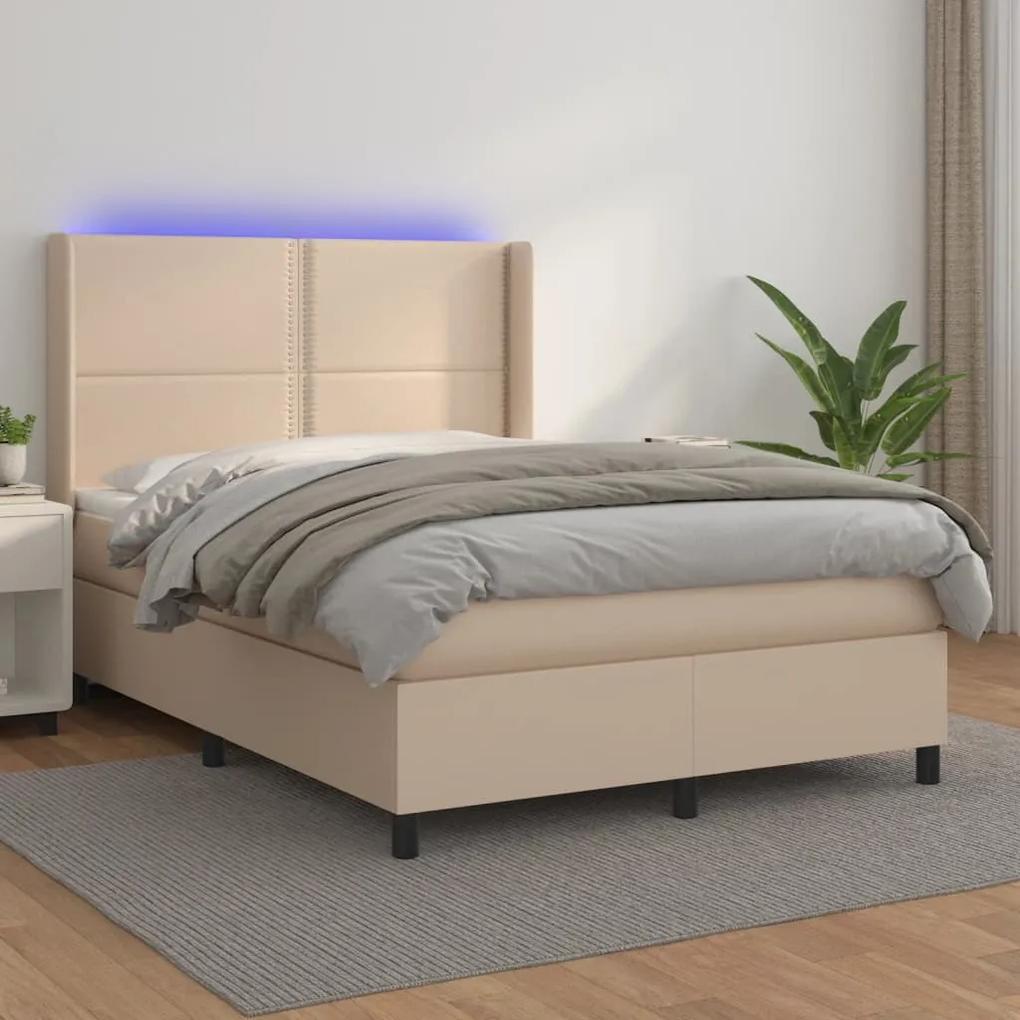 vidaXL Κρεβάτι Boxspring Στρώμα&LED Καπουτσίνο 140x190 εκ. Συνθ. Δέρμα
