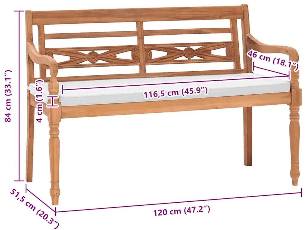 vidaXL Παγκάκι Batavia 120 εκ. από Ξύλο Teak με Μαξιλάρια