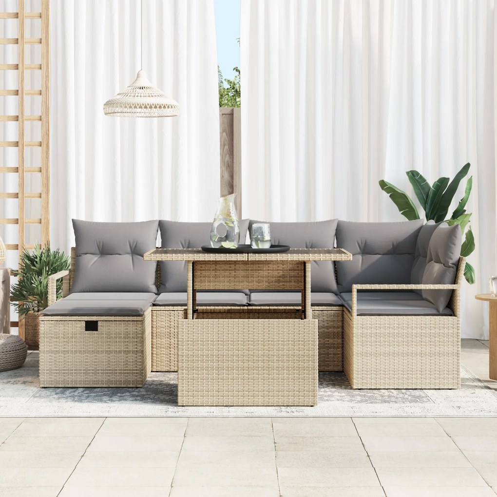 vidaXL Σετ καναπέ κήπου 7 τμχ με μαξιλάρια μπεζ Poly Rattan