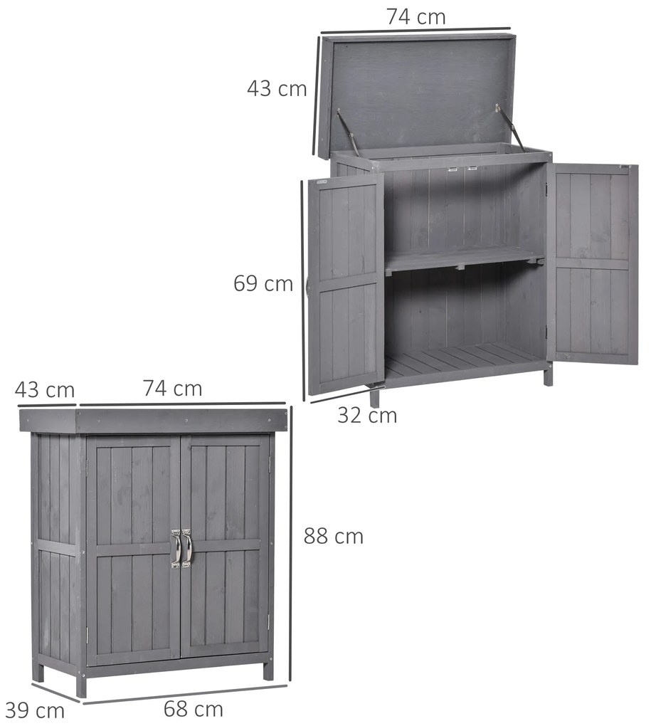 Outsunny ντουλάπι αποθήκευσης, διπλή πόρτα, ανακλινόμενο καπάκι, 2 ράφια, ανθεκτικό στις καιρικές συνθήκες, φυσικό ξύλο, γκρι, 74 x 43 x 88cm