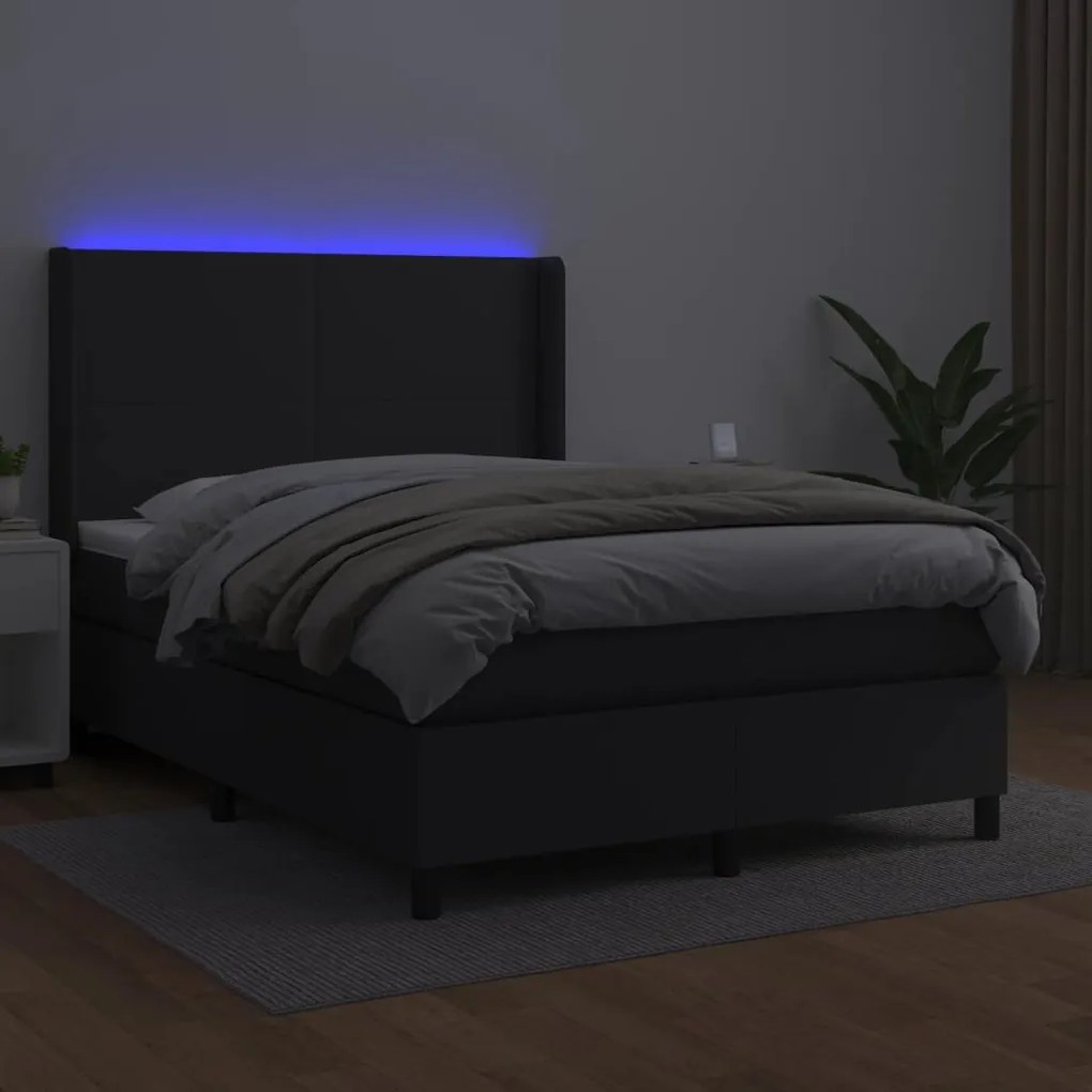 Κρεβάτι Boxspring με Στρώμα &amp; LED Μαύρο 140x200 εκ. Συνθ. Δέρμα - Μαύρο