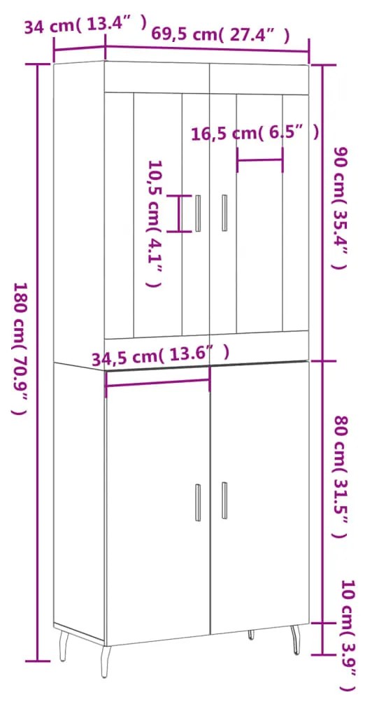 Ντουλάπι Γκρι Sonoma 69,5 x 34 x 180 εκ. Επεξεργασμένο Ξύλο - Γκρι