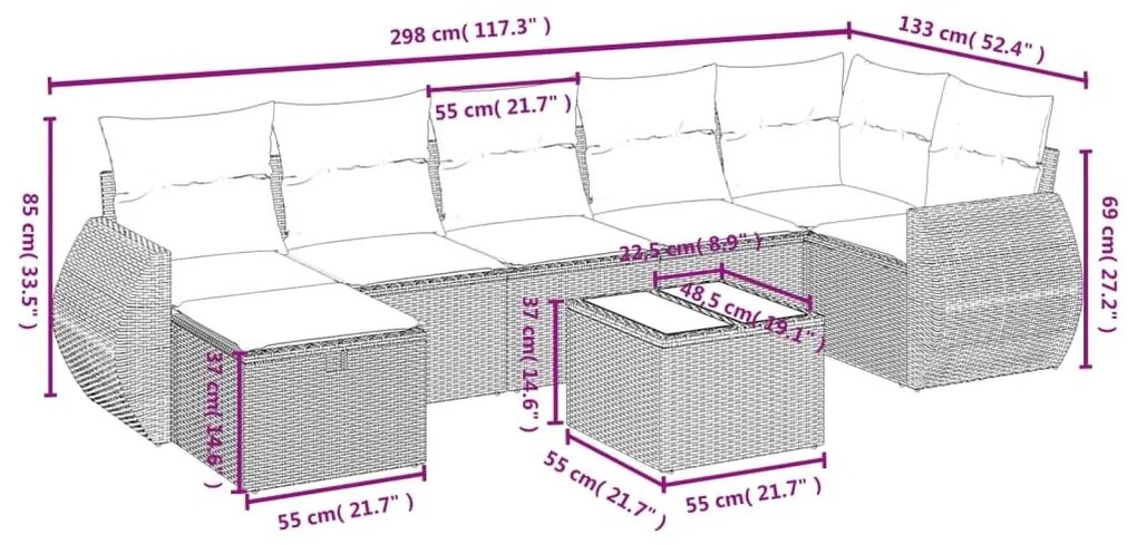 Σαλόνι Κήπου Σετ 8 Τεμαχίων Γκρι Συνθετικό Ρατάν με Μαξιλάρια - Γκρι