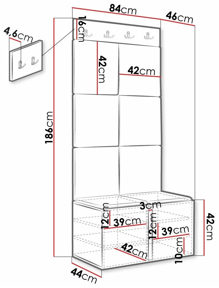 Σετ διαδρόμου Hartford 375, 186x84x46cm, Κόκκινο, Άσπρο, Ινοσανίδες μέσης πυκνότητας, Πλαστικοποιημένη μοριοσανίδα, Ταπισερί, Εντοιχισμένη, Τοίχου