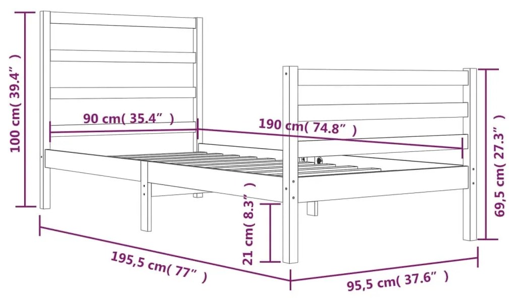 vidaXL Πλαίσιο Κρεβατιού Μαύρο 90x190 εκ. Μασίφ Ξύλο Πεύκου 3FT Single