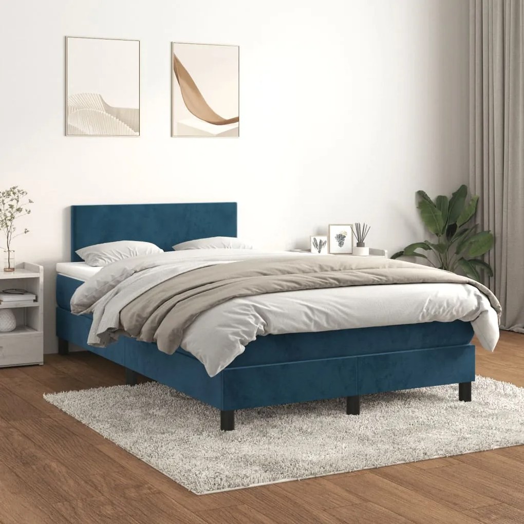 Κρεβάτι Boxspring με Στρώμα Σκούρο Μπλε 120x190 εκ. Βελούδινο - Μπλε