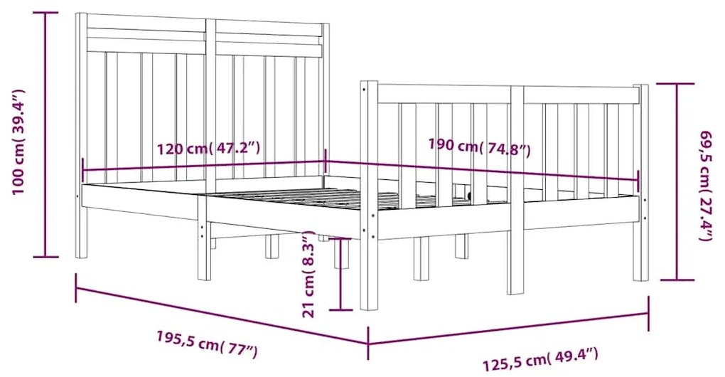 vidaXL Πλαίσιο Κρεβατιού 120 x 190 εκ. από Μασίφ Ξύλο Small Double