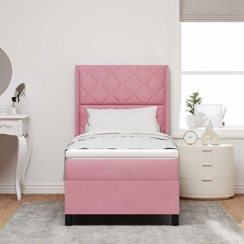 vidaXL Κρεβάτι Box Spring LED με Στρώμα Ροζ 100 x 200 cm Βελούδο