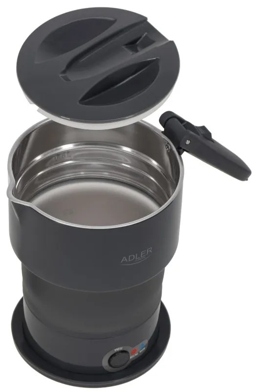 Τουριστικός ηλεκτρικός βραστήρας Adler AD 1377, 600W, 0,6 l, Αναδιπλούμενο σώμα σιλικόνης, Προστασία υπερθέρμανσης, Ένδειξη φωτός, Γκρι/Μαύρο