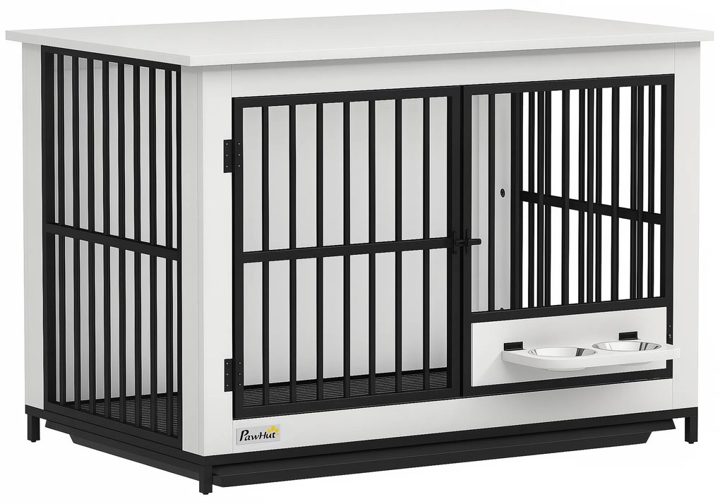 PawHut Μεγάλο Κλουβί Σκύλου, εύκολη πρόσβαση, κλειδώνει, περιστρεφόμενη βάση για μπολ, για μικρούς και μεγάλους σκύλους, λευκό