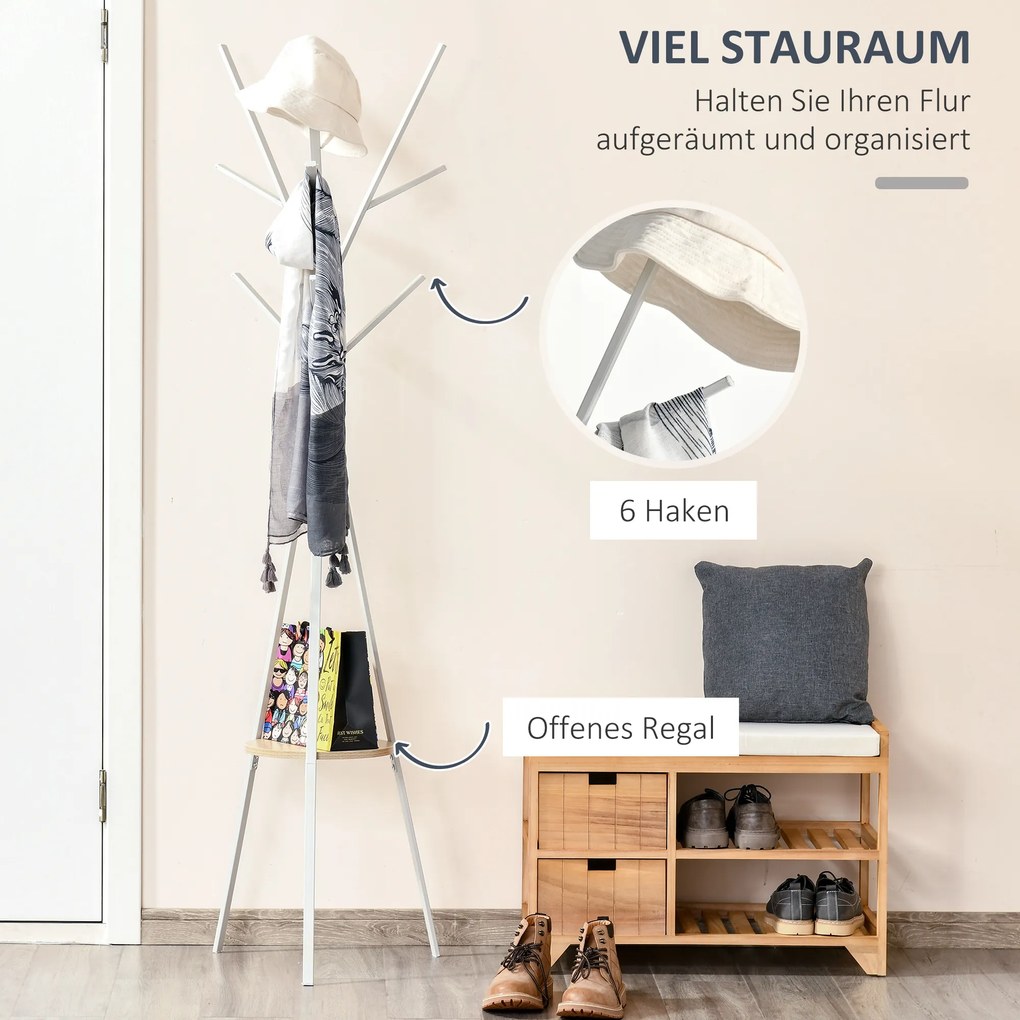 HOMCOM Κρεμάστρα παλτό με ράφι και 8 γάντζους Κρεμάστρα μπουφάν Μοντέρνα κρεμάστρα για ρούχα καπέλο τσάντα, σαλόνι, λευκό