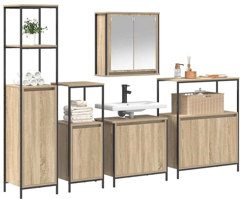 vidaXL Σετ Επίπλων Μπάνιου με ράφι 5 pcs Σονομα δρυς και Μαύρο