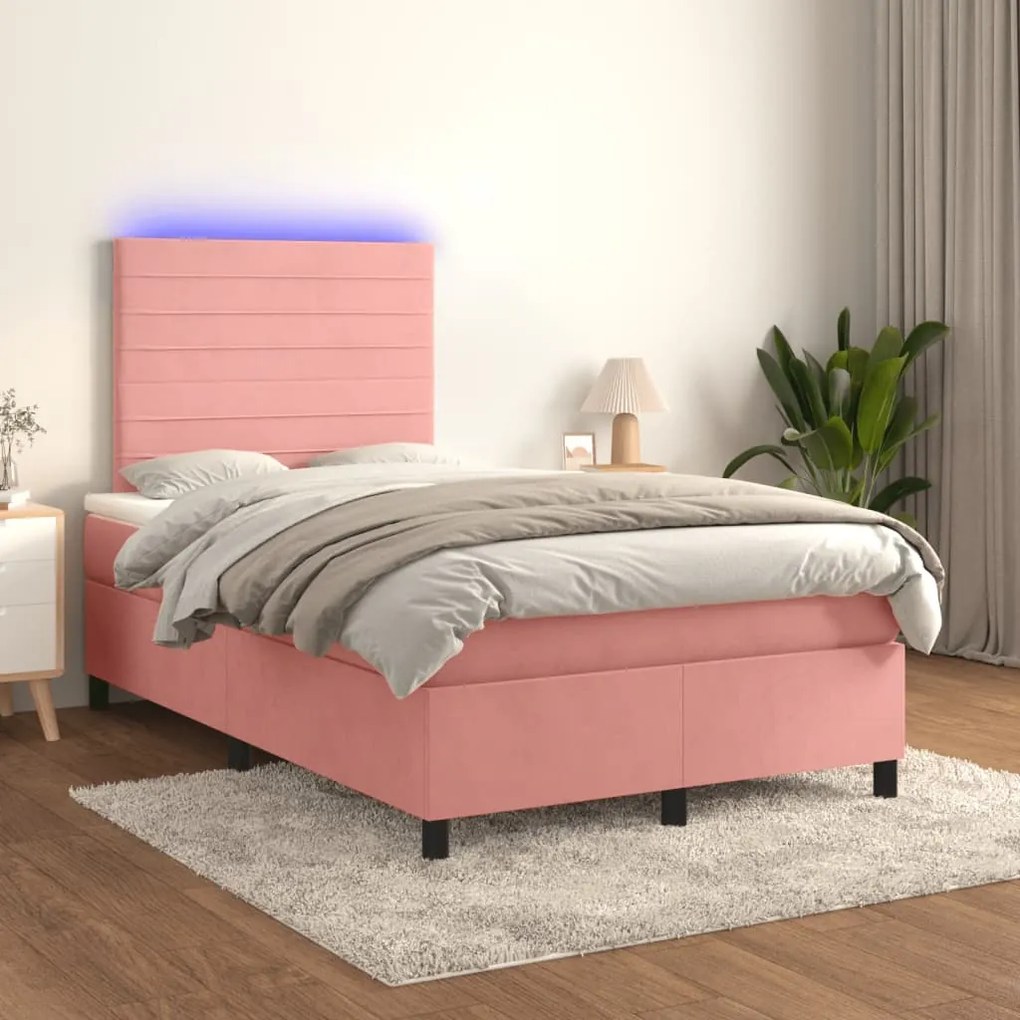vidaXL Κρεβάτι Boxspring με Στρώμα &amp; LED Ροζ 120x190 εκ. Βελούδινο