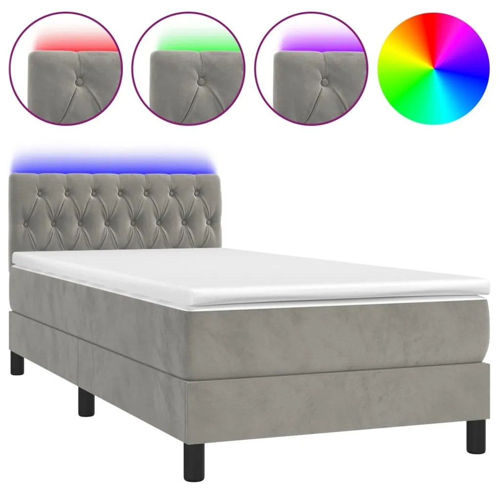 vidaXL Κρεβάτι Boxspring με Στρώμα & LED Αν.Γκρι 90x200 εκ. Βελούδινο