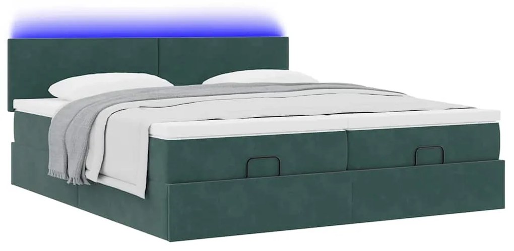 vidaXL Οθωμανικό κρεβάτι με στρώματα &amp; LEDs Σκούρο πράσινο Βελούδο