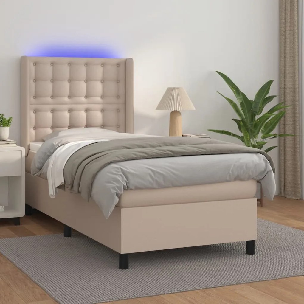 vidaXL Κρεβάτι Boxspring Στρώμα&LED Καπουτσίνο 100x200 εκ. Συνθ. Δέρμα