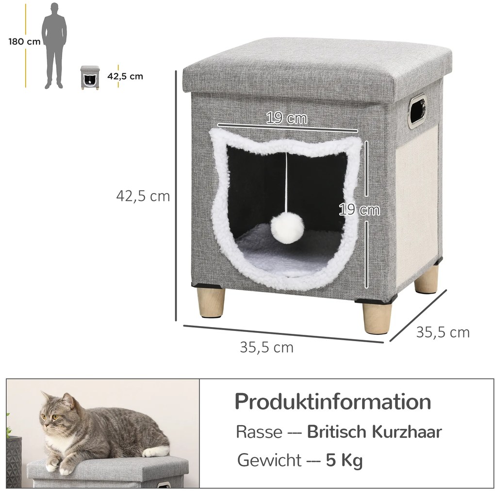 Σπιτάκι Γάτας PawHut, Σπιτάκι, με Μπάλα Παιχνιδιού, Πλενόμενο Μαξιλάρι, 35,5 cm x 35,5 cm x 42,5 cm