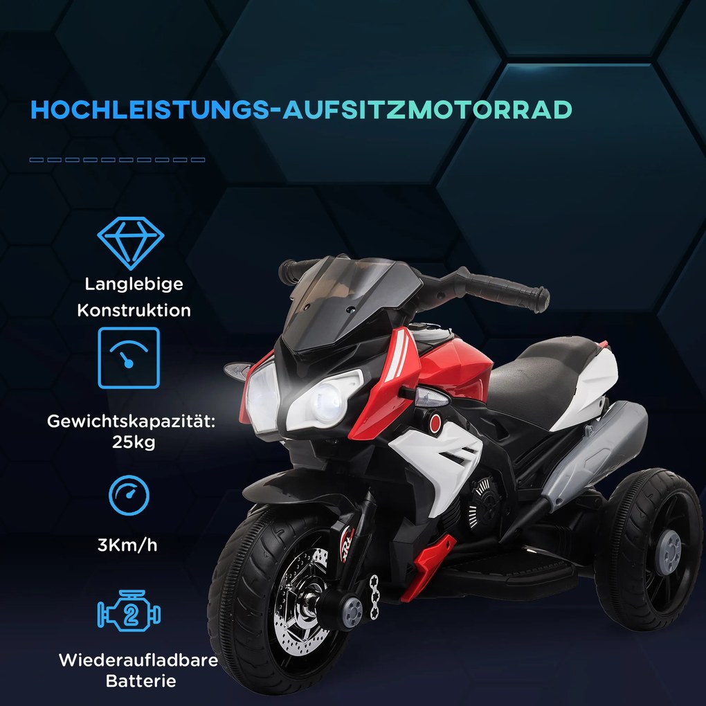 HOMCOM Ηλεκτρικό παιδικό μοτοσικλέτα, Φώτα &amp; Ήχοι, 3 km/h, επαναφορτιζόμενο, Πλαστικό &amp; Μέταλλο, Μαύρο/Κόκκινο