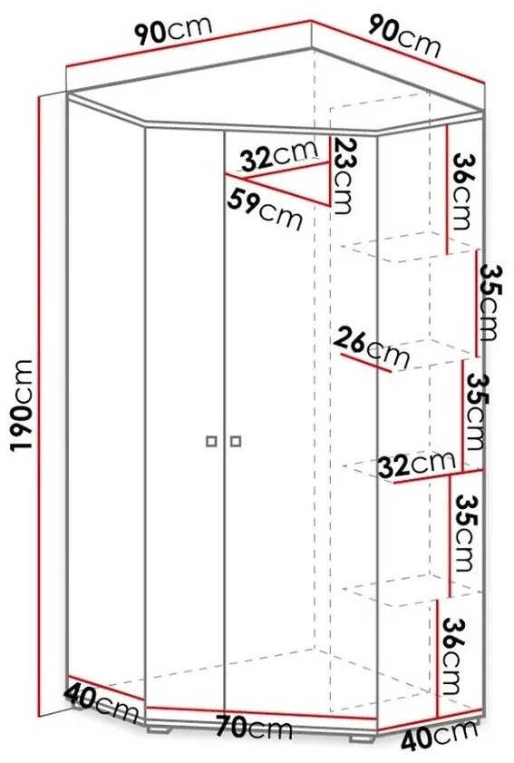 Γωνιακή ντουλάπα Omaha J101, Σκυρόδεμα, Δρυς, Άσπρο, 190x90x90cm, 74 kg, Πόρτες ντουλάπας: Με μεντεσέδες, Αριθμός ραφιών: 5, Αριθμός ραφιών: 5