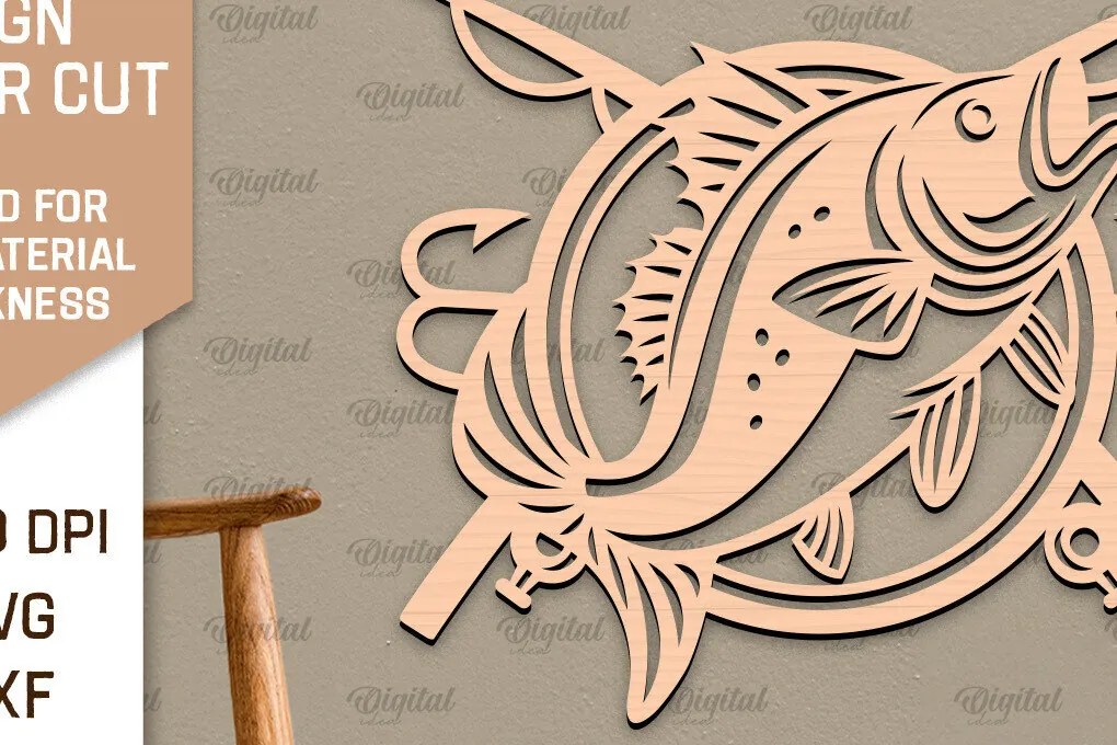 Intra απο ξύλο plywood  Χρώμα wenge 3mm-4mm πάχος - Ψάρεμα σημάδι LaserCut. Fishing Decor Δίασταση 30x20 cm INTRAFABR-112773840