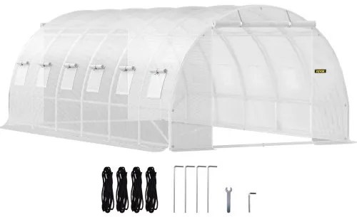 VEVOR Walk-in Tunnel Greenhouse, 20 x 10 x 7 ft Portable Plant Hot House w/ Galvanized Steel Hoops, 3 Top Beams, 4 Diagonal Poles, 2 Zippered Doors &amp; 12 Roll-up Windows, White