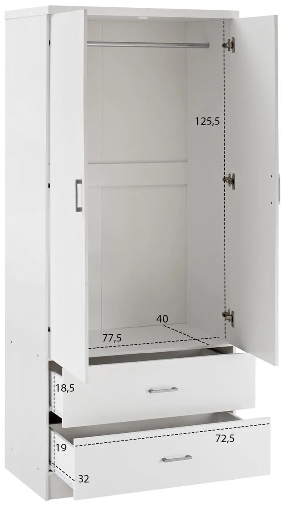 Ντουλάπα REINA Δίφυλλη με 2 Συρτάρια Λευκή 80x42.5x180.5 εκ. 80x42.5x180.5 εκ.