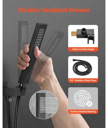 VEVOR Shower Faucet Set 8&quot; Square Rain Shower Head and Hand Set Matte Black