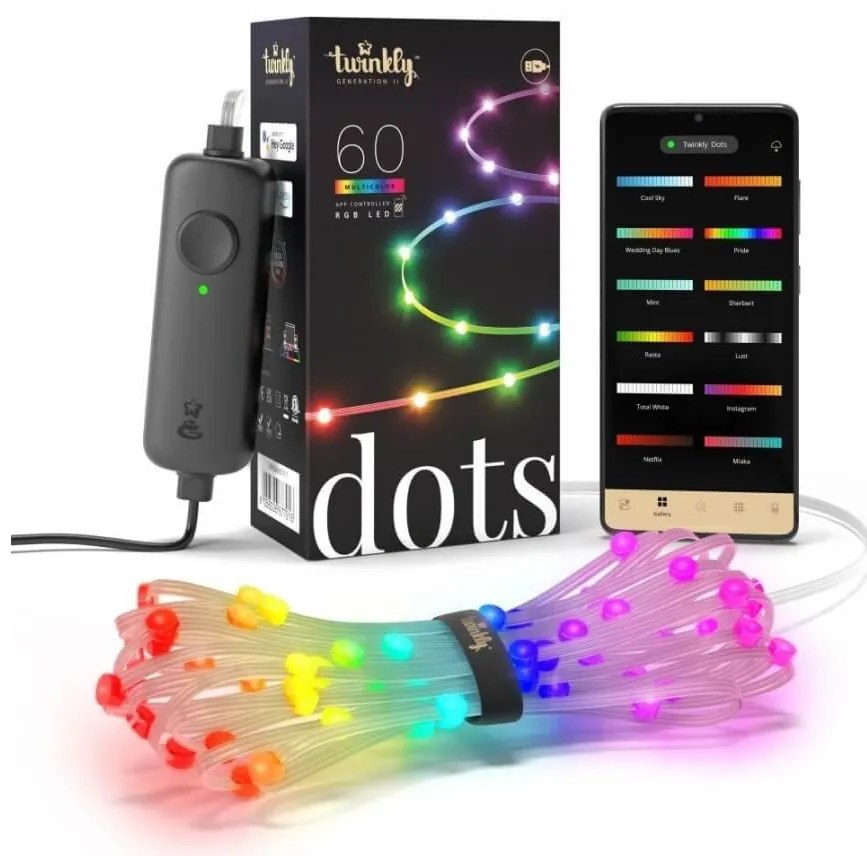60 Smart LED RGB Twinkly Dots (TWD200STP-TEU),  3 Μέτρα, με Διάφανο Καλώδιο, Bluetooth, WiFi, Dimmer Και Έλεγχο μέσω Κινητού Τηλεφώνου
