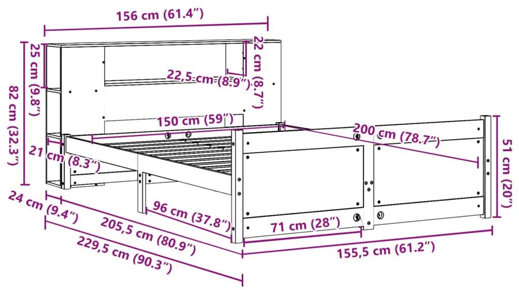 Κρεβάτι Βιβλιοθήκη Χωρίς Στρώμα 150x200 εκ Μασίφ Ξύλο Πεύκου - Λευκό