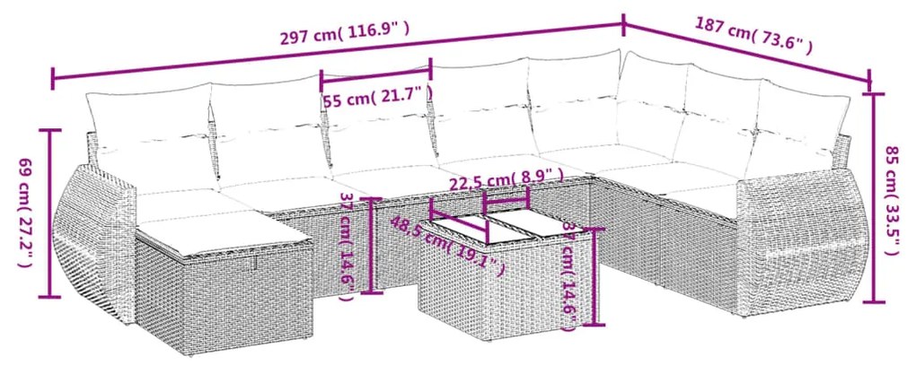 vidaXL Σαλόνι Κήπου Σετ 9 τεμ. Μπεζ Συνθετικό Ρατάν με Μαξιλάρια