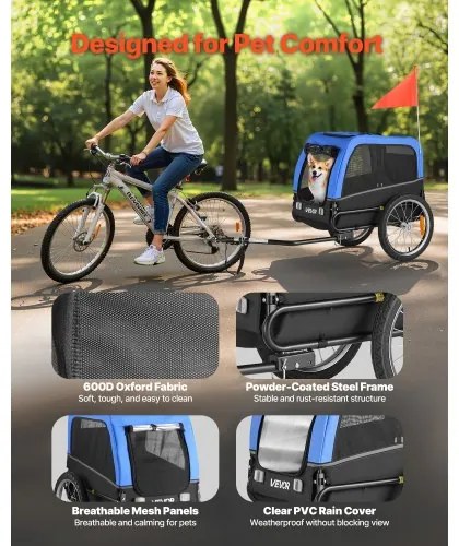 VEVOR Dog Bike Trailer, Supports up to 30 kg, Pet Cart Bicycle Carrier for Small &amp; Medium Dogs, Easy Folding Frame with Quick Release Wheel, Universal Bicycle Coupler, Reflector, Flag, Internal Leash