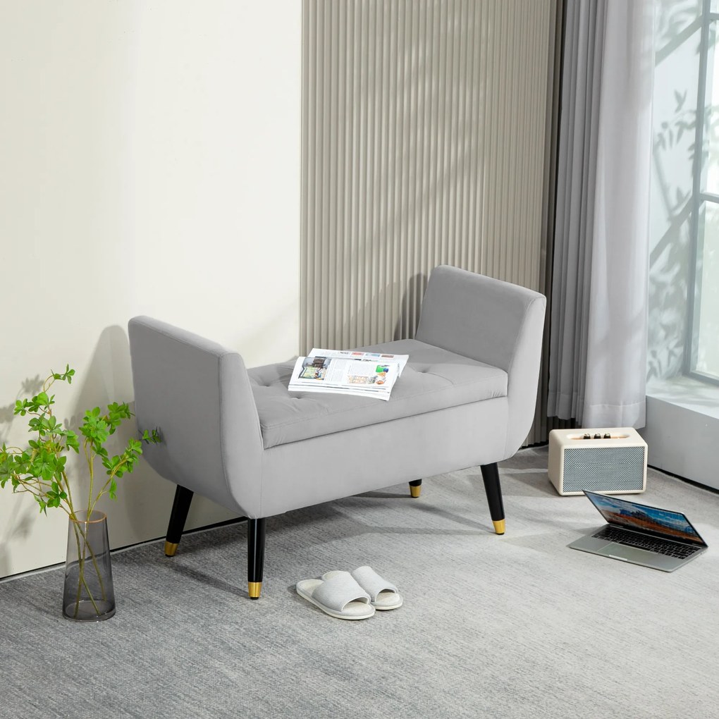 HOMCOM Παγκάκι με Αποθηκευτικό Χώρο και Μπράτσα, Κουτί Αποθήκευσης, Βελούδινο Πολυεστέρας, Καουτσούκ Ξύλο, Ανοιχτό Γκρι, 107 x 42 x 65 cm