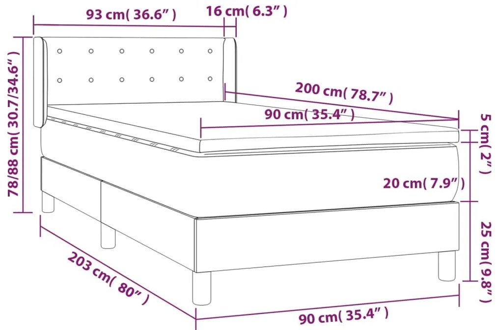 vidaXL Κρεβάτι Boxspring με Στρώμα Γκρι 90x200 εκ. από Συνθετικό Δέρμα