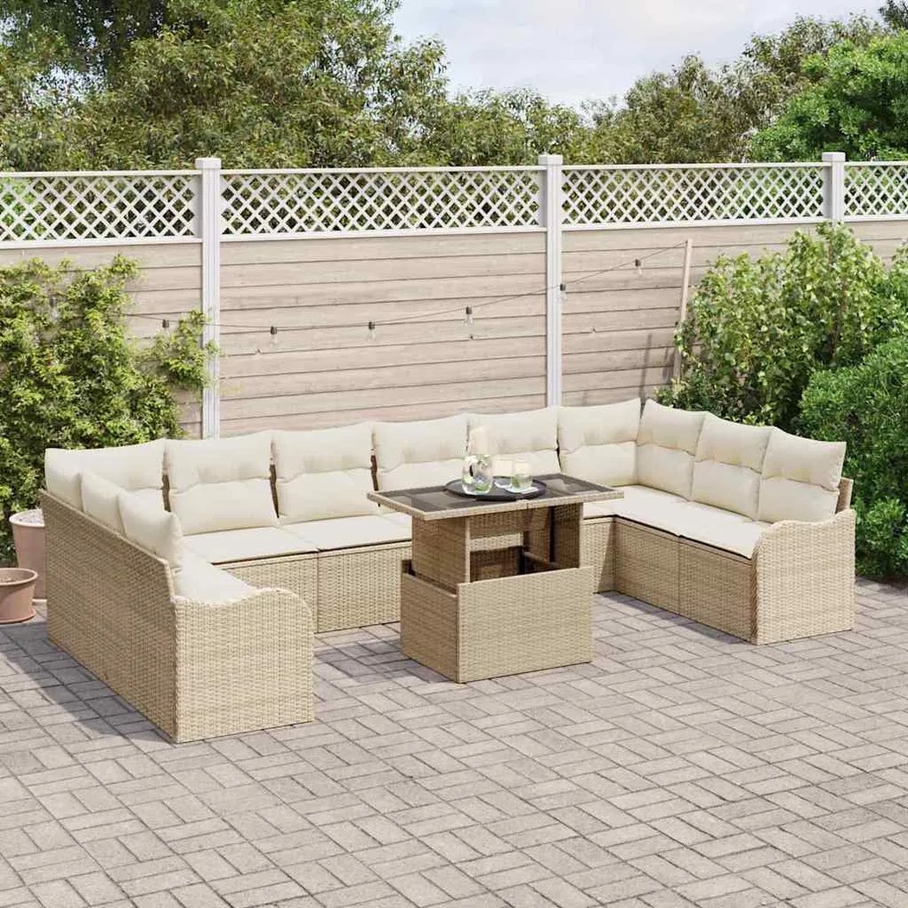 vidaXL Σετ Καναπέ Κήπου με μαξιλάρι 11 pcs Μπεζ Πολυ ράταν