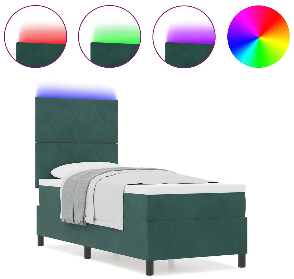 vidaXL Κρεβάτι Box Spring με Στρώμα & LED σε Σκούρο Πράσινο 80x200 εκ. Βελούδο