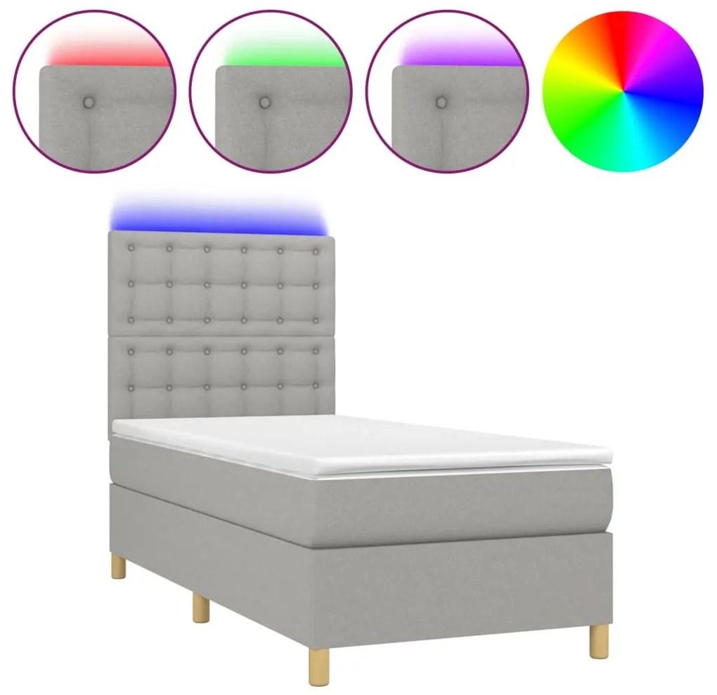vidaXL Κρεβάτι Boxspring με Στρώμα &amp; LED Αν.Γκρι 90x200 εκ. Υφασμάτινο