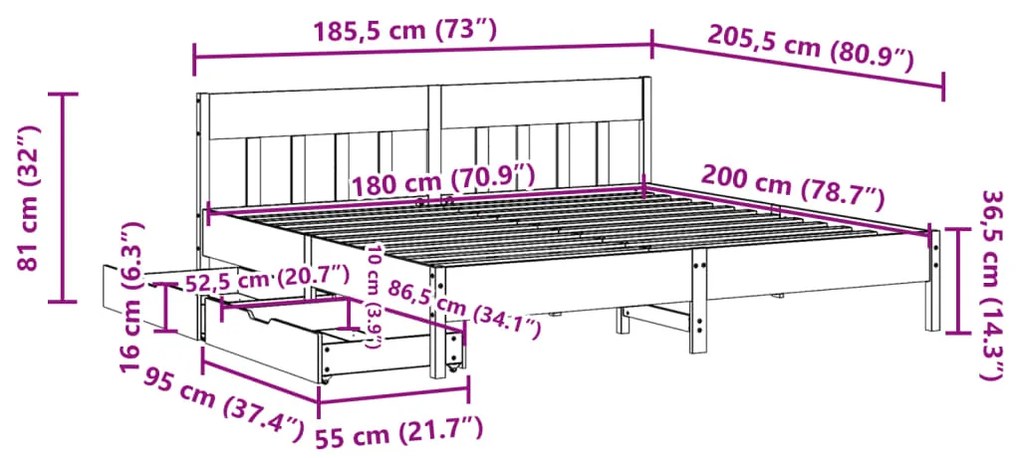 Σκελετός Κρεβατιού Χωρίς Στρώμα 180x200 εκ Μασίφ Ξύλο Πεύκου - Καφέ