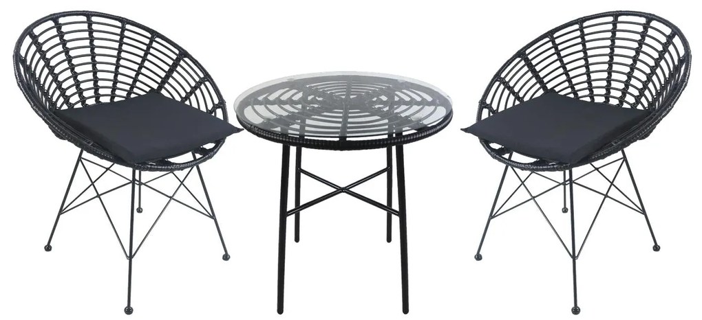 Σετ Τραπεζαρία Κήπου ArteLibre APPIUS Μαύρο Μέταλλο/Rattan/Γυαλί Με 2 Καρέκλες 14990388