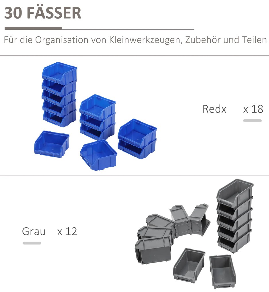 Ράφι αποθήκευσης, ντουλάπι εργαστηρίου, 30 κουτιά σε 2 μεγέθη, στοιβαζόμενο, 63x18x37,5cm, Μπλε