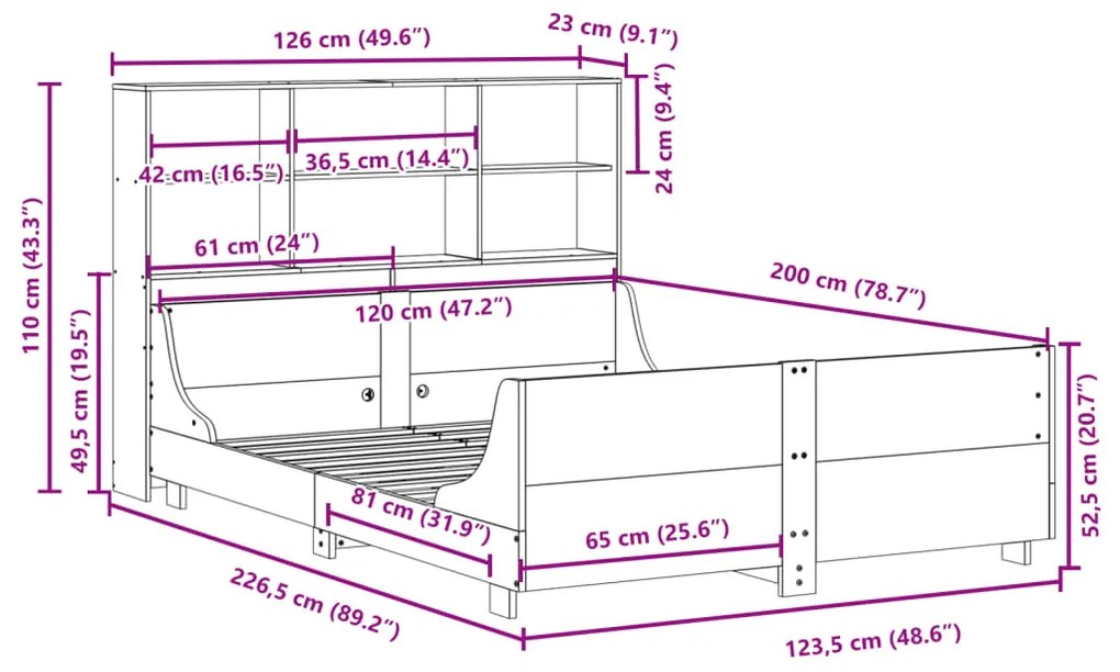 Κρεβάτι Βιβλιοθήκη Χωρίς Στρώμα 120x200 εκ Μασίφ Πεύκο - Λευκό