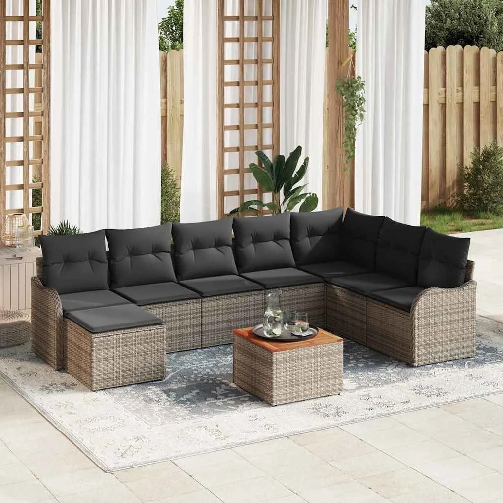 vidaXL Σετ Καναπέ Κήπου Γκρι 9 pcs Γκρι Μεγάλο Ρατάν, Πολυεστέρας