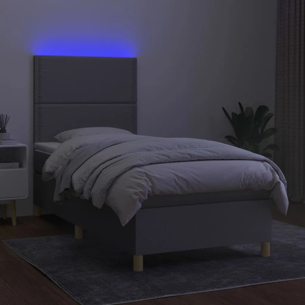 vidaXL Κρεβάτι Boxspring με Στρώμα &amp; LED Αν.Γκρι 90x190 εκ. Υφασμάτινο