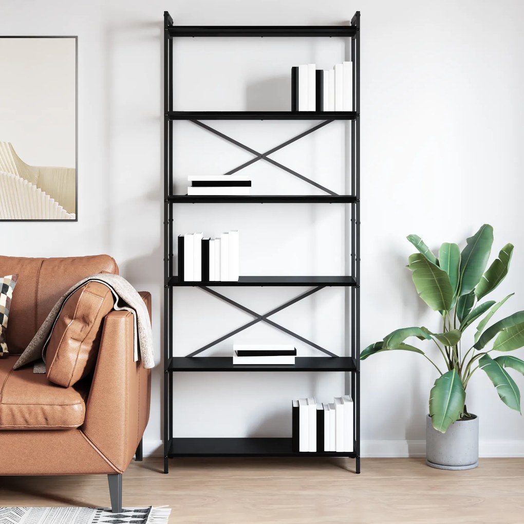 vidaXL Βιβλιοθήκη Μαύρη δρυς 80 x 30 x 188 εκ Ξύλο και Χάλυβας