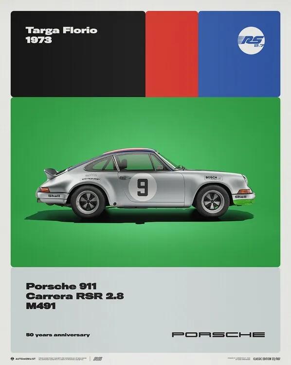 Εκτύπωση έργου τέχνης Porsche 911 Carrera RS 2.8 - 50th Anniversary - Targa Florio - 1973, (40 x 50 cm)