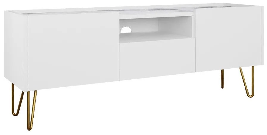 Τραπέζι Tv Lima M103 Άσπρο + Λευκό μάρμαρο, Άσπρο, Λευκό μάρμαρο, Ο αριθμός των θυρών: 2, Αριθμός συρταριών: 1, 144x55x37cm, 28 kg | Epipla1.gr