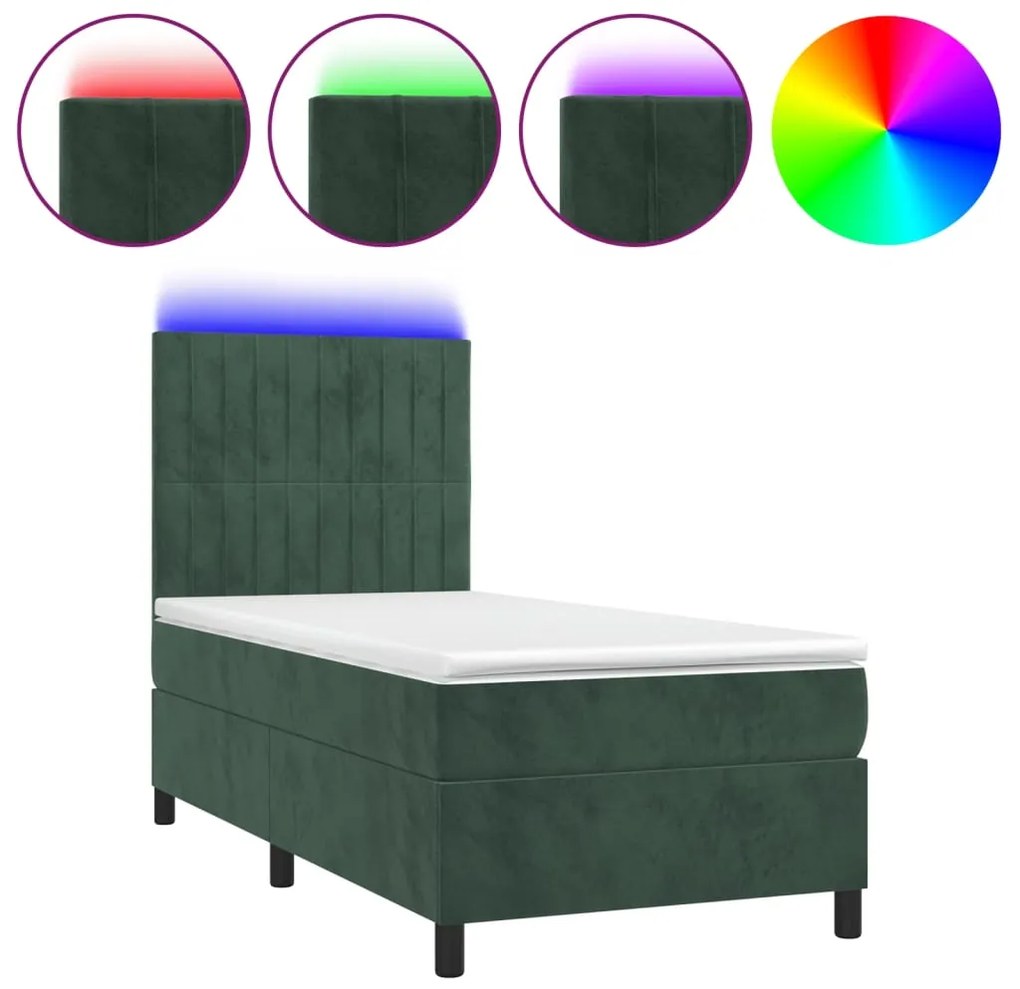 vidaXL Κρεβάτι Boxspring με Στρώμα & LED Σκ. Πράσινο 90x200 εκ Βελούδο