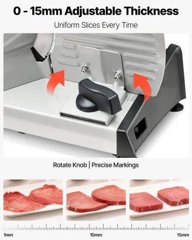 VEVOR Meat Slicer, 200W Electric Deli Slicer Machine with 190 mm Sharp Blade, Home Meat-Slicer with 70-100 RPM Slicing Speed, 0-15 mm Adjustable Thickness, for Frozen Meat, Ham, Baguett & Prime Steak
