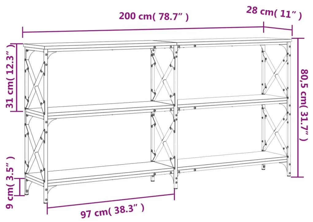 Τραπέζι Κονσόλα Μαύρο 200x28x80,5 εκ. Επεξεργασμένο Ξύλο - Μαύρο