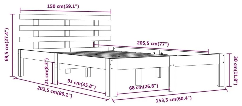 Πλαίσιο Κρεβατιού Γκρι 150 x 200 εκ. Μασίφ Ξύλο King Size - Γκρι